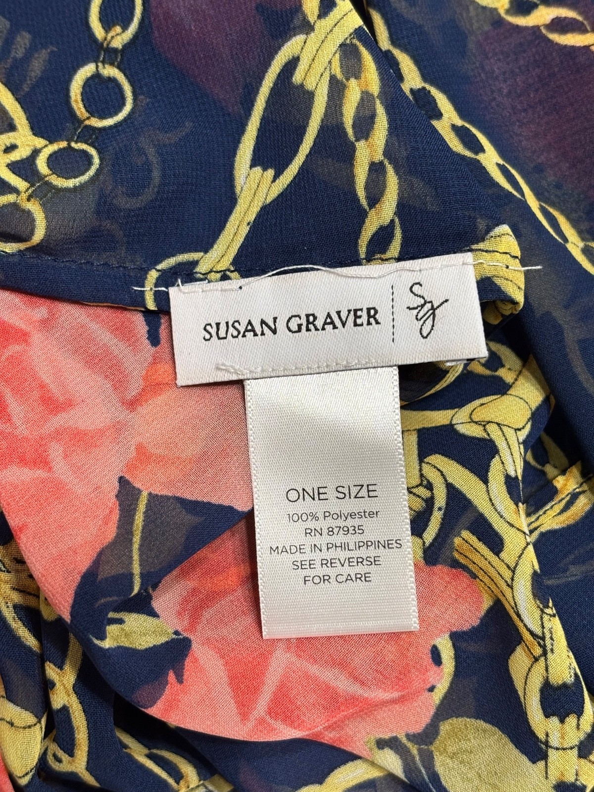 Susan Graver Infinity Scarf Navy Blue Background Pink Roses Chains 17×78 Inches