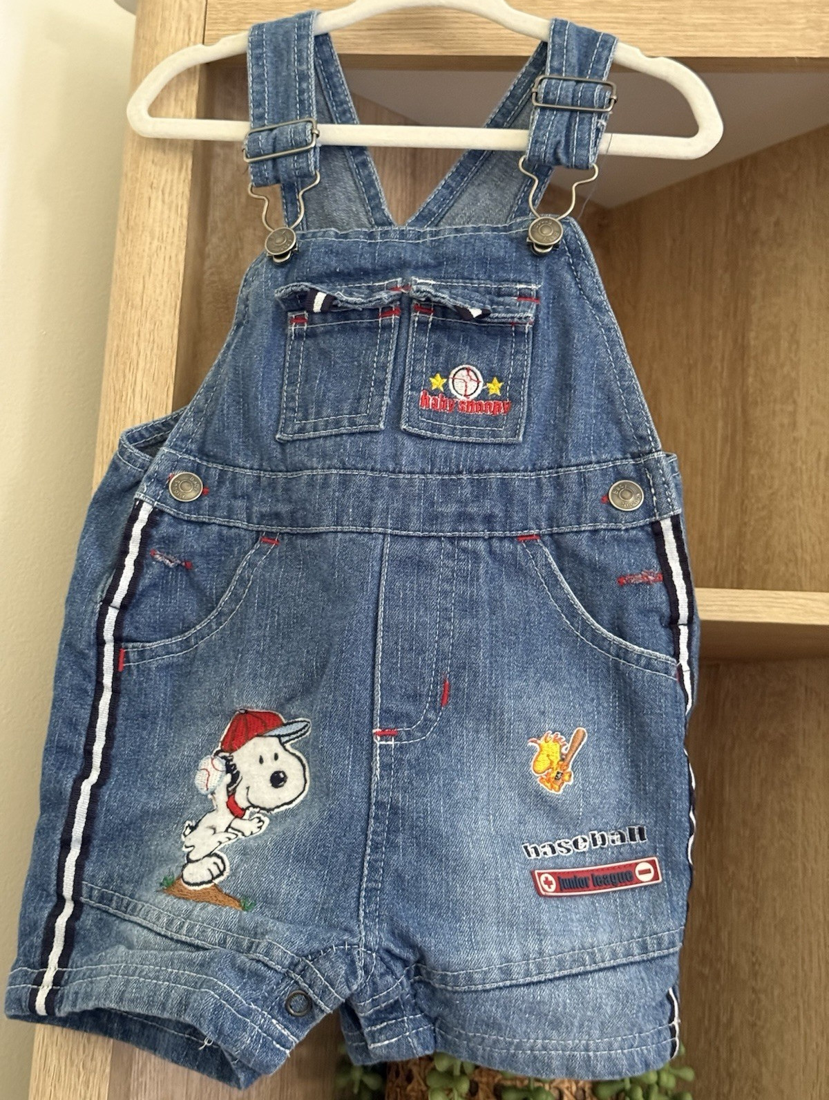 Vtg 90s Y2K Baby Snoopy Baseball Denim Shortalls Overalls 6-9M Woodstock Mint