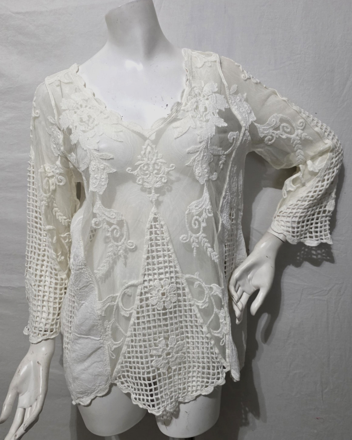 Pretty Angel M Tunic Top Ivory Embroidery Open Sheer Boho Romantic Sexy Sweet