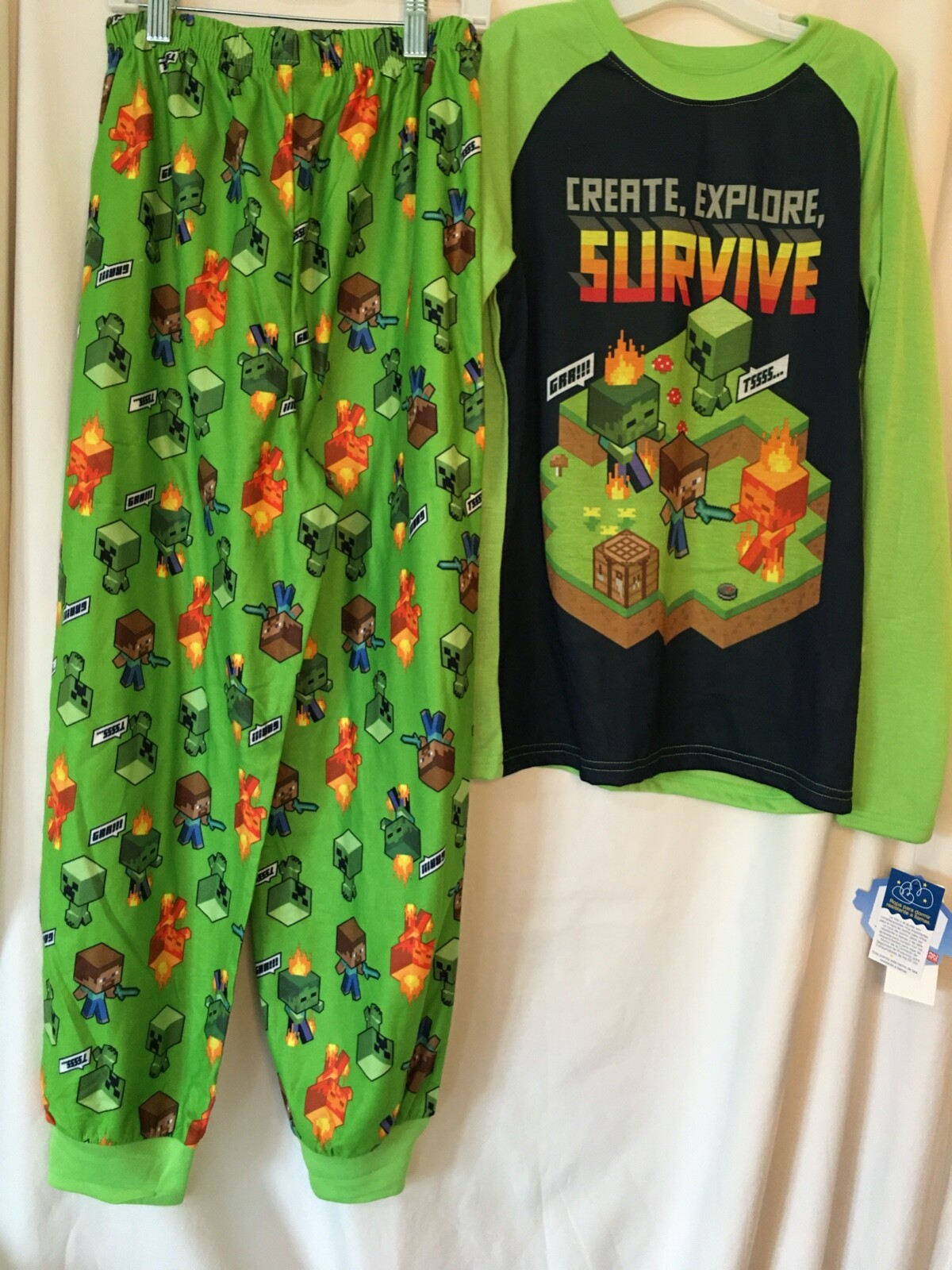 New Minecraft Zombie Creeper Boys Long Sleeve Pajamas Set 2-Pieces Sz S 6/7