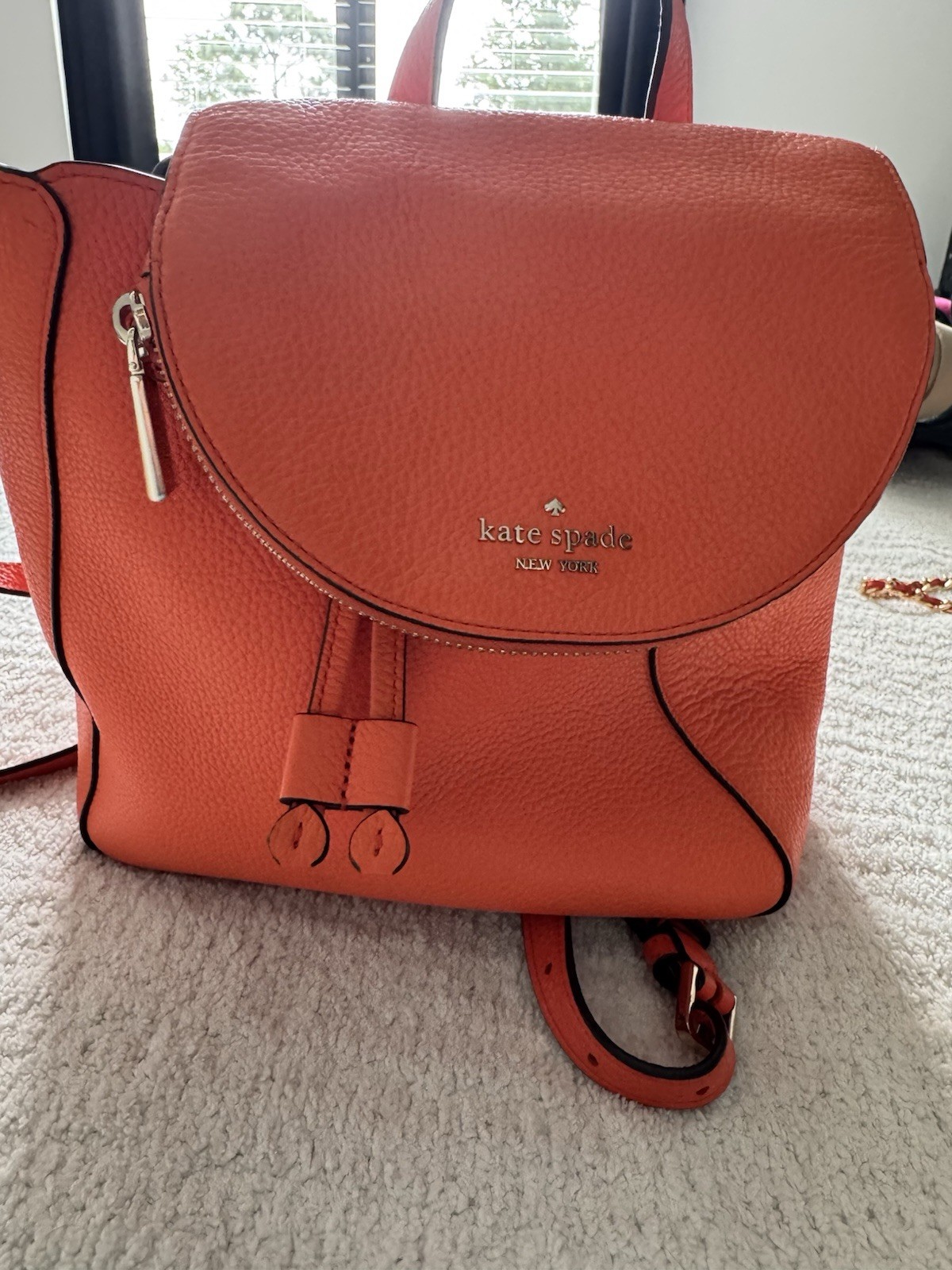 kate spade new york Orange Pebbled Drawstring Backpack w/ Pouch Zip Pocket