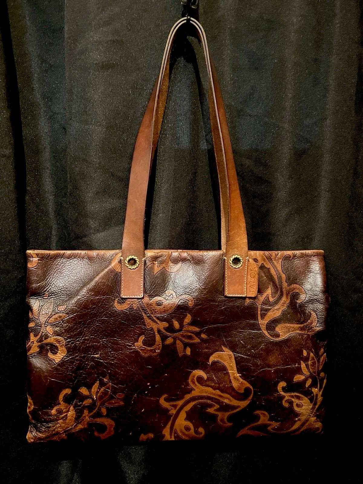 Falor Le Borse Leather Tote Tooled Embossed Brown Purse Bag Made in Italy 16×11