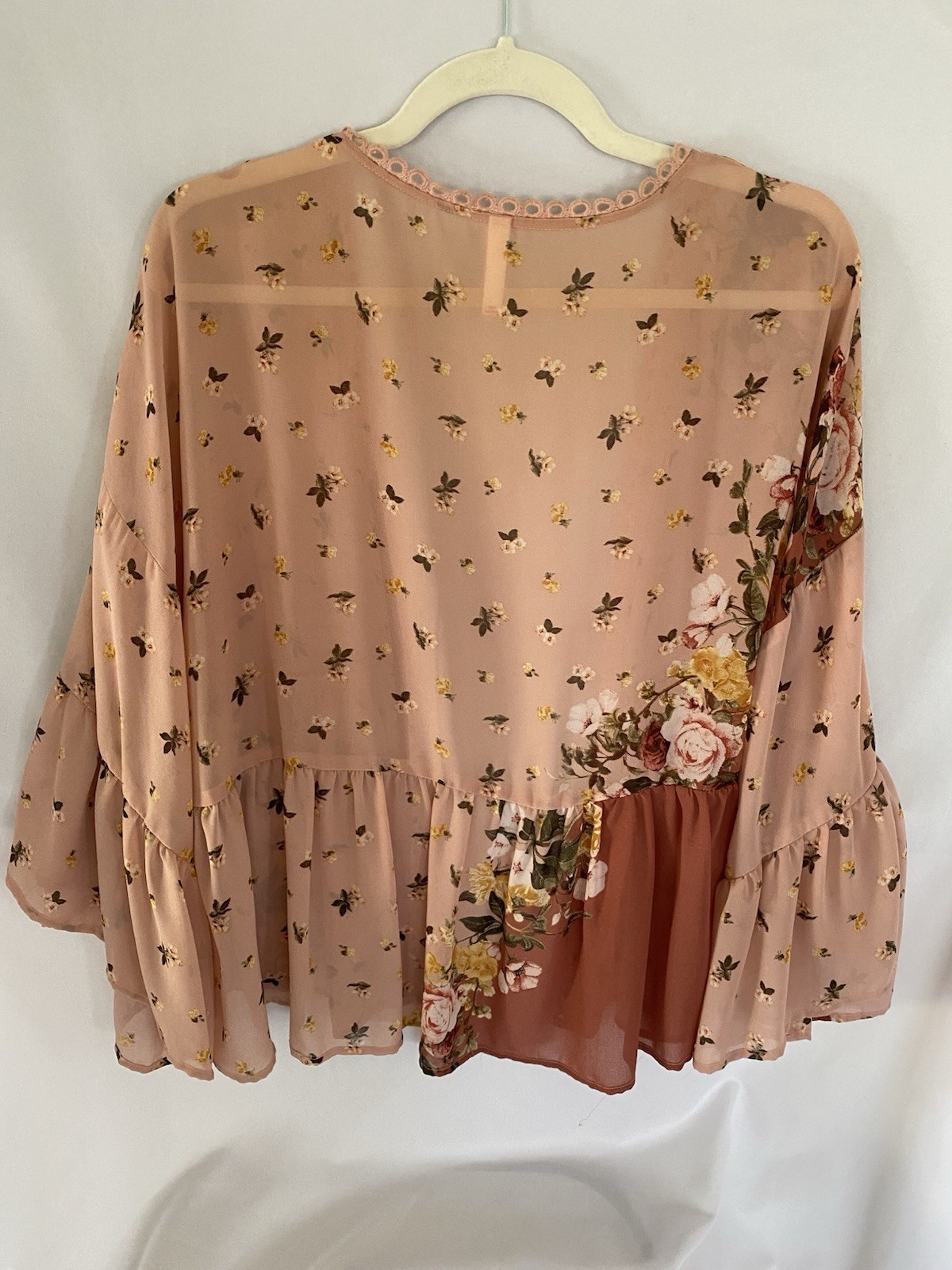 Pink Floral Sheer Open Front Kimono 3/4 Bell Sleeve Lace M
