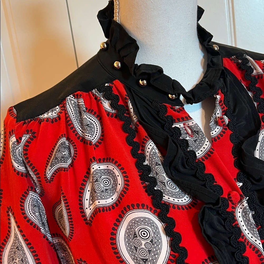 Dodo Bar Or Red Black Paisley Silk Blouse 40 6/8 designer studded ruffle top