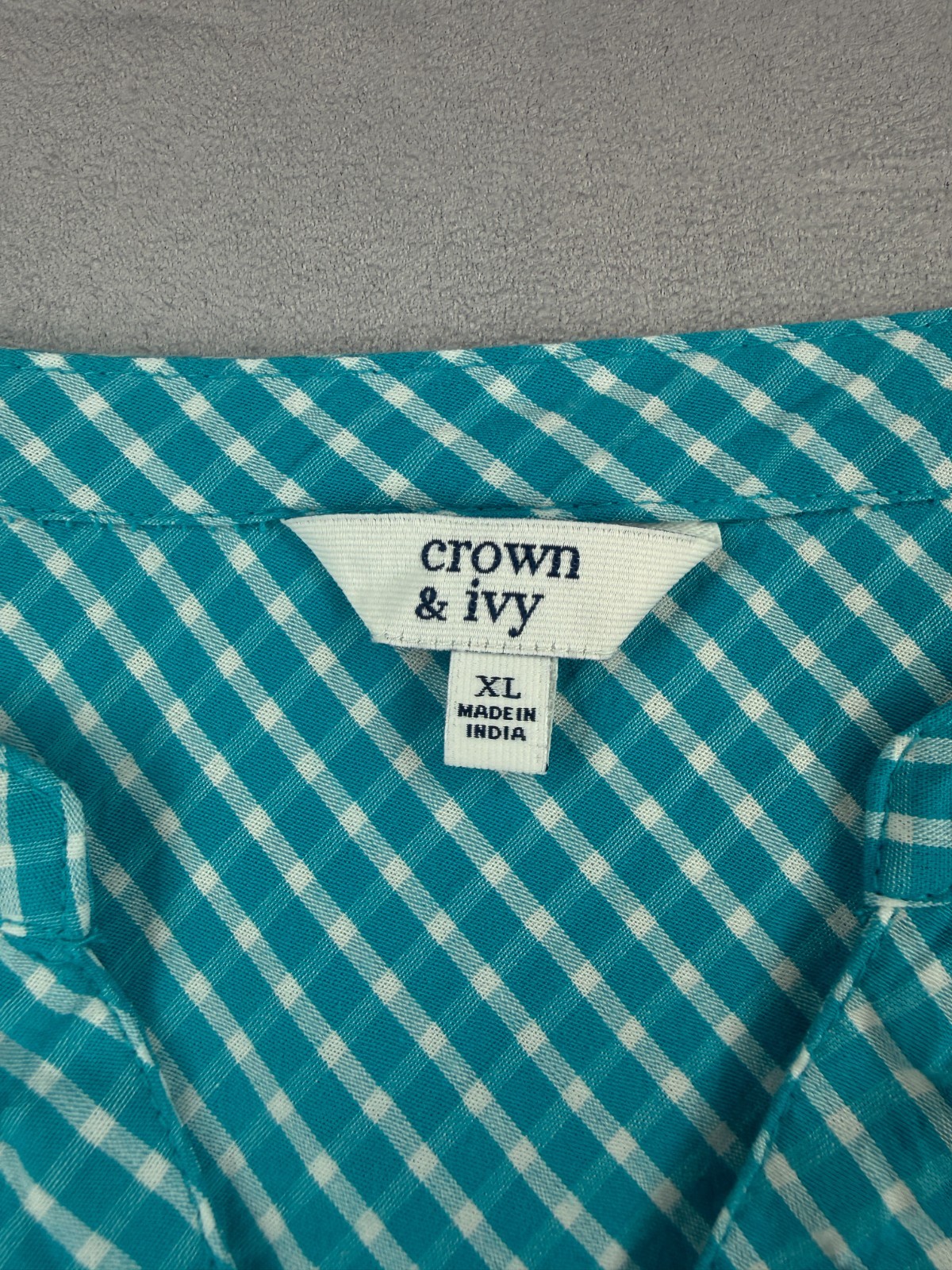 Crown & Ivy Women’s Torquoise Gingham Checked Blouse 3/4 Sleeve Sz XL