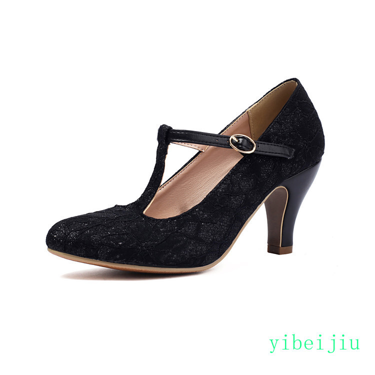 Women T Strap Lace Flower Mary Jane High Kitten Heel Dress Office Wedding Bridal
