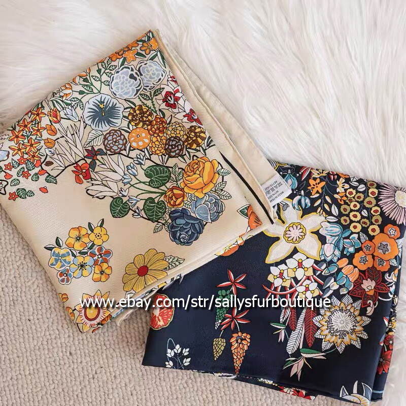 Sally 14~18 Momme Twill Silk Wrap Scarf Bandanna Vintage Flowers Print Shawl 35″