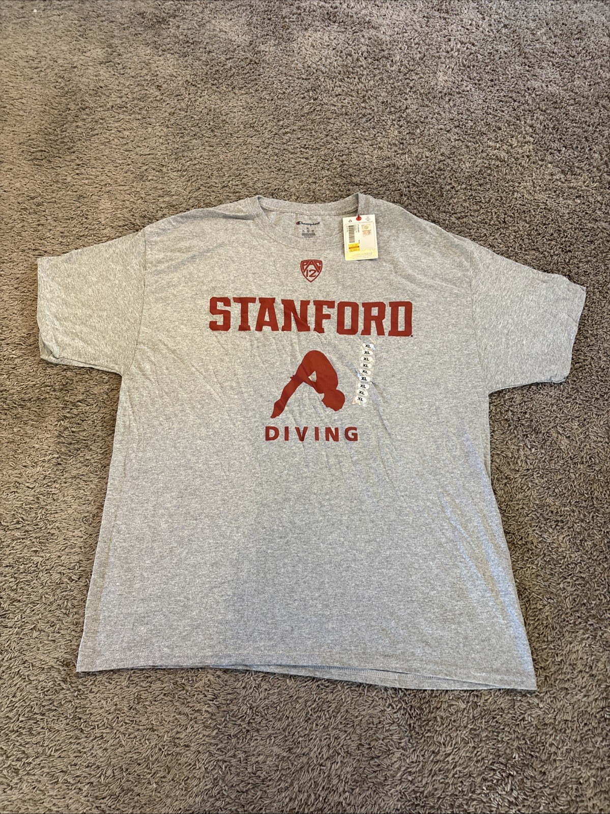 Champion Stanford Diving Graphic Tee Cardinal Red Gray PAC-12 Men’s Size XL NWT