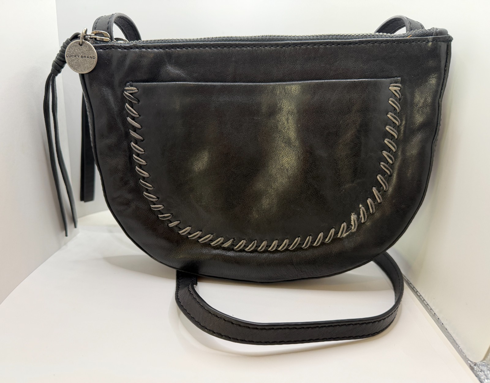 Lucky Brand Crossbody Crescent Bag Whipstitch Trim Black