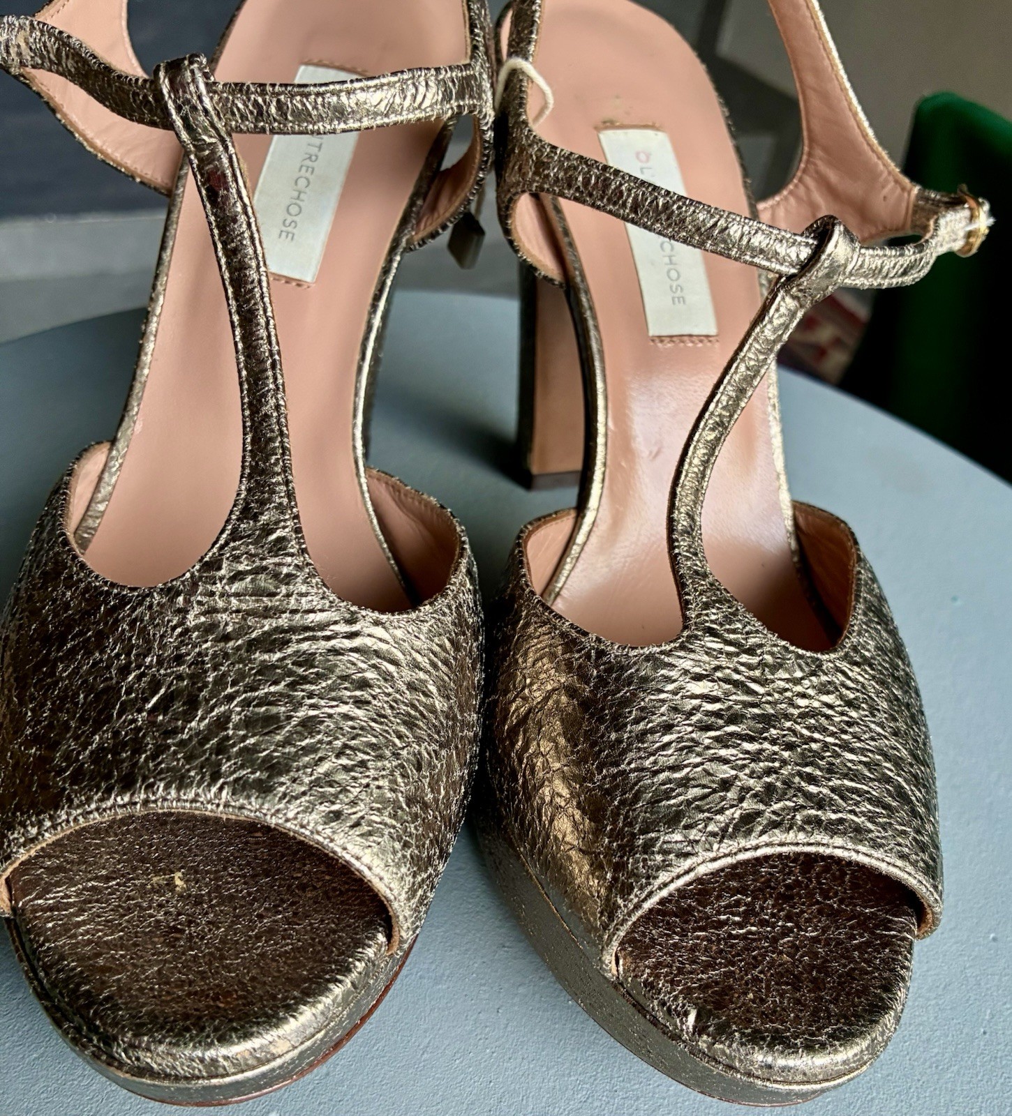 THE OTHER THING T-Strap High Heel Platform Sandal Bronze/Gold Cracklé Leather n.40