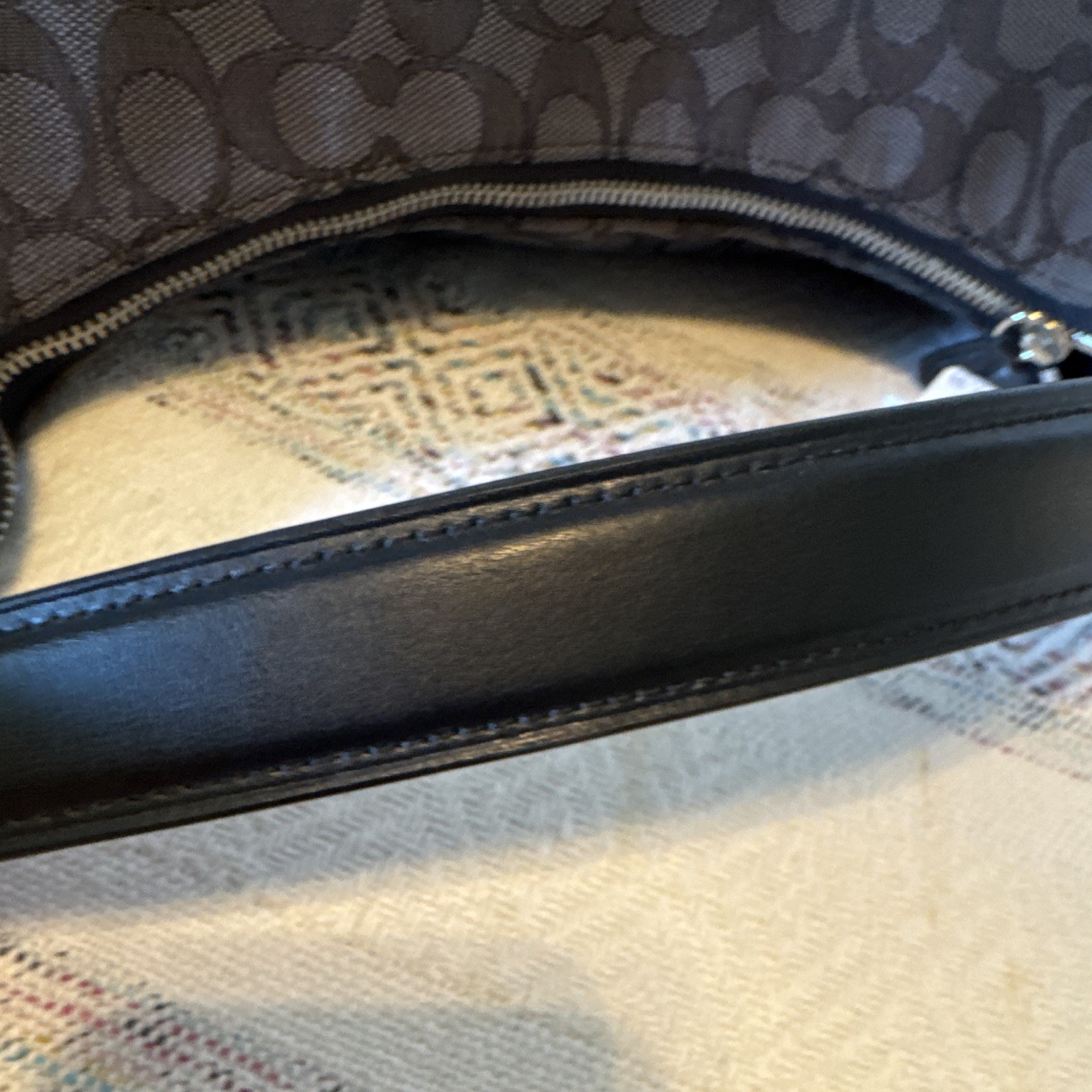 Coach Signature Crescent Shoulder Bag Black Gray Zip Closure Silver Hardware
