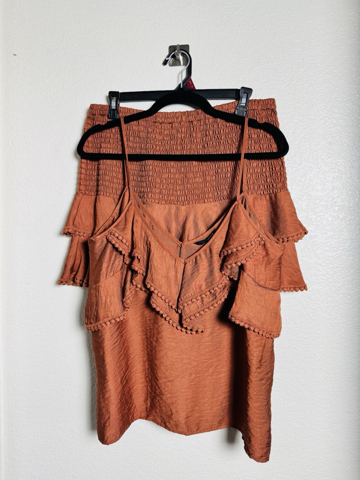 Zara Rust Terracotta Coords Ruffle Cami & Smocked Mini Skort Top XL & Skirt L