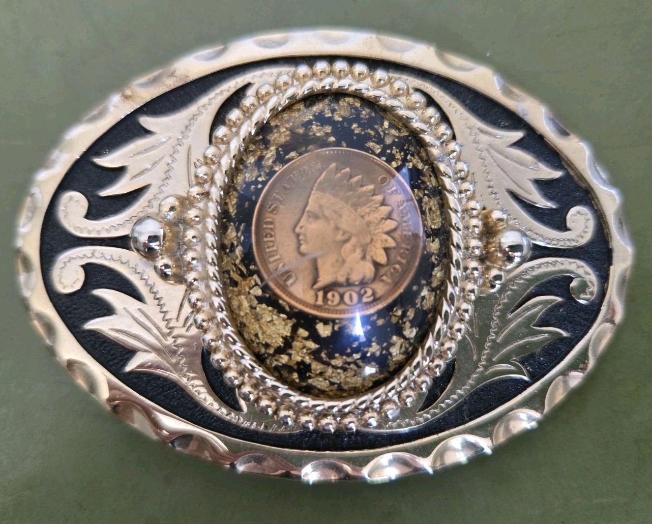 Gold Flakes & 1902 US Indian Head Penny Ornate Oval Belt Buckle Black