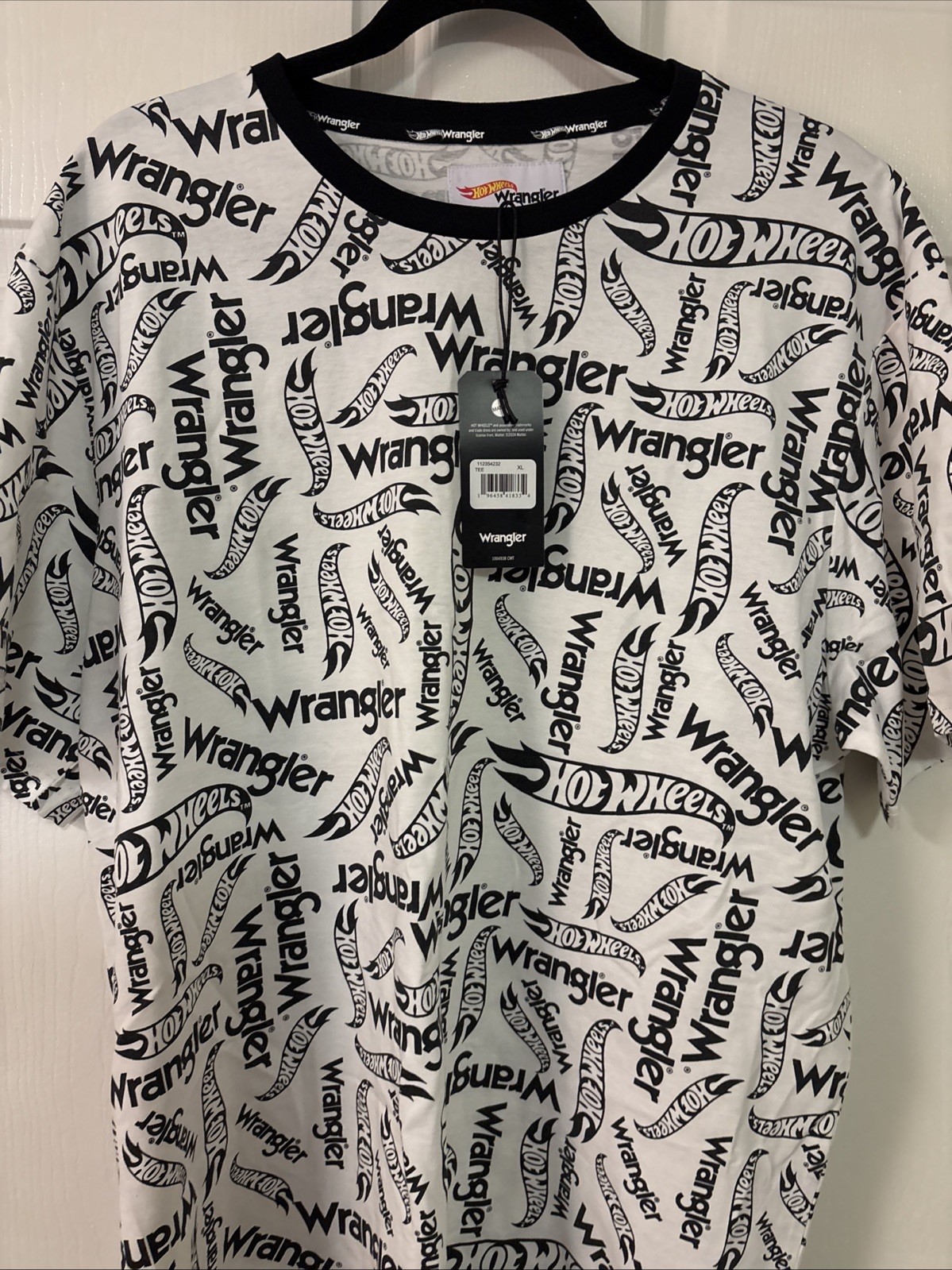 Wrangler x Hot Wheels Tee Men XL Black White All Over Print Logo Cotton