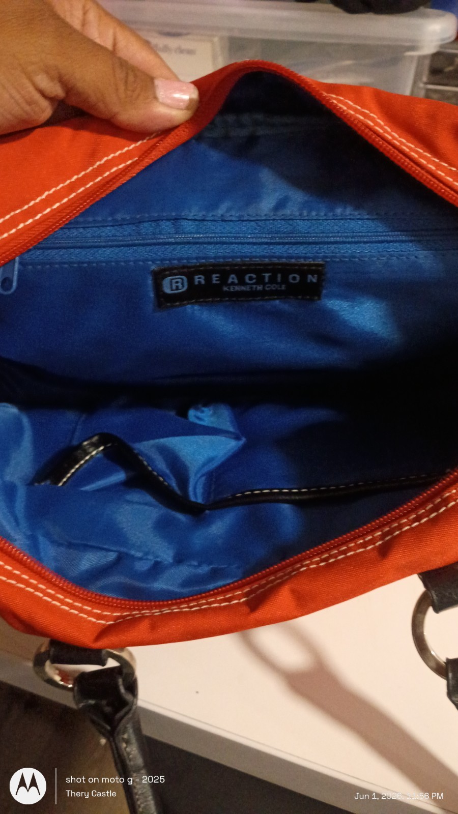 Kenneth Cole Reaction Orange Satchel Top Handle Zip Bag Lined Pockets Silver