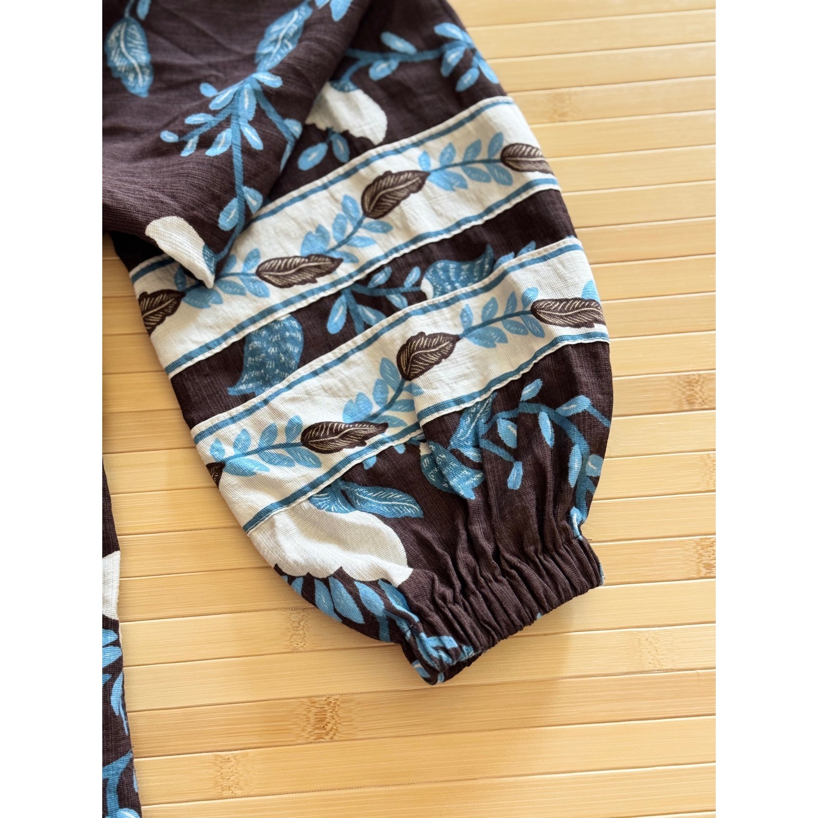 Loft Petites Oversized Easy Fit Floral Top Brown Blue Ruffle Neck XXSP