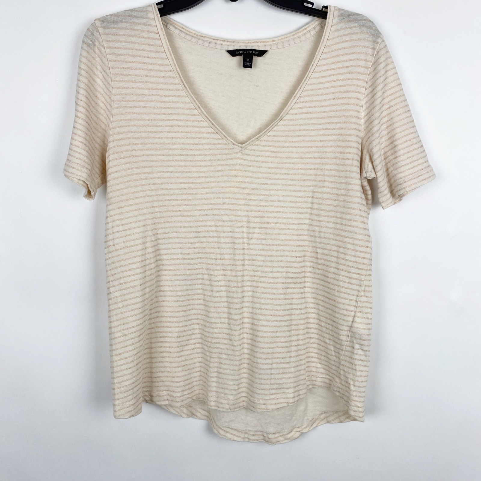 Banana Republic Foil Stripe Linen Blend V-Neck Tee Womens Medium Cream Gold
