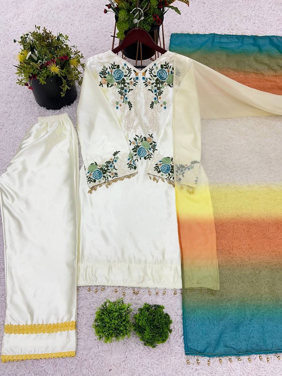Off White Moss Satin Embroidered Top & Farsi Pant Suit , Stitched Sizes M-XXL