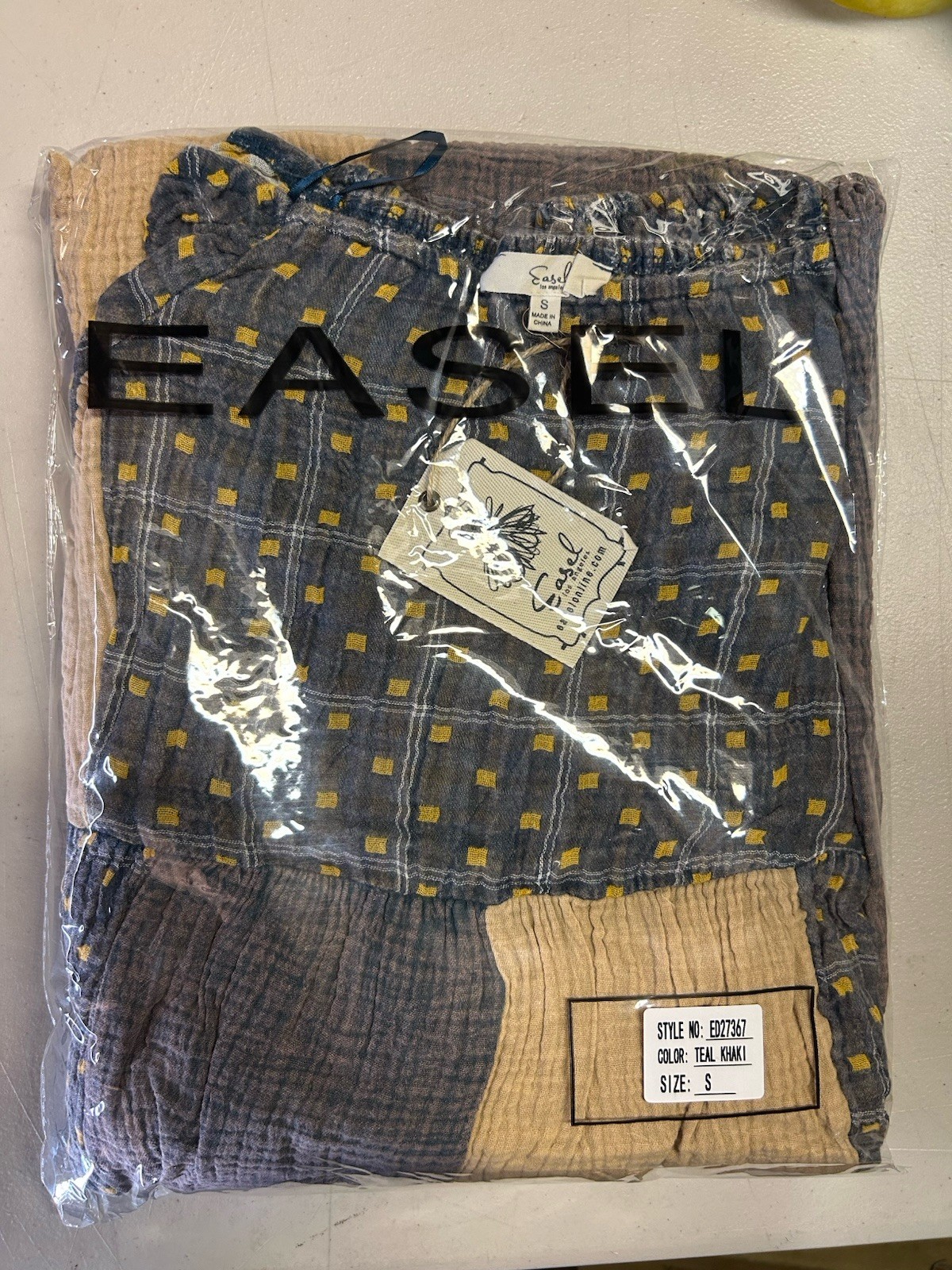 ED27367 Teal Khaki Patchwork Washed Cotton Gauze Dress