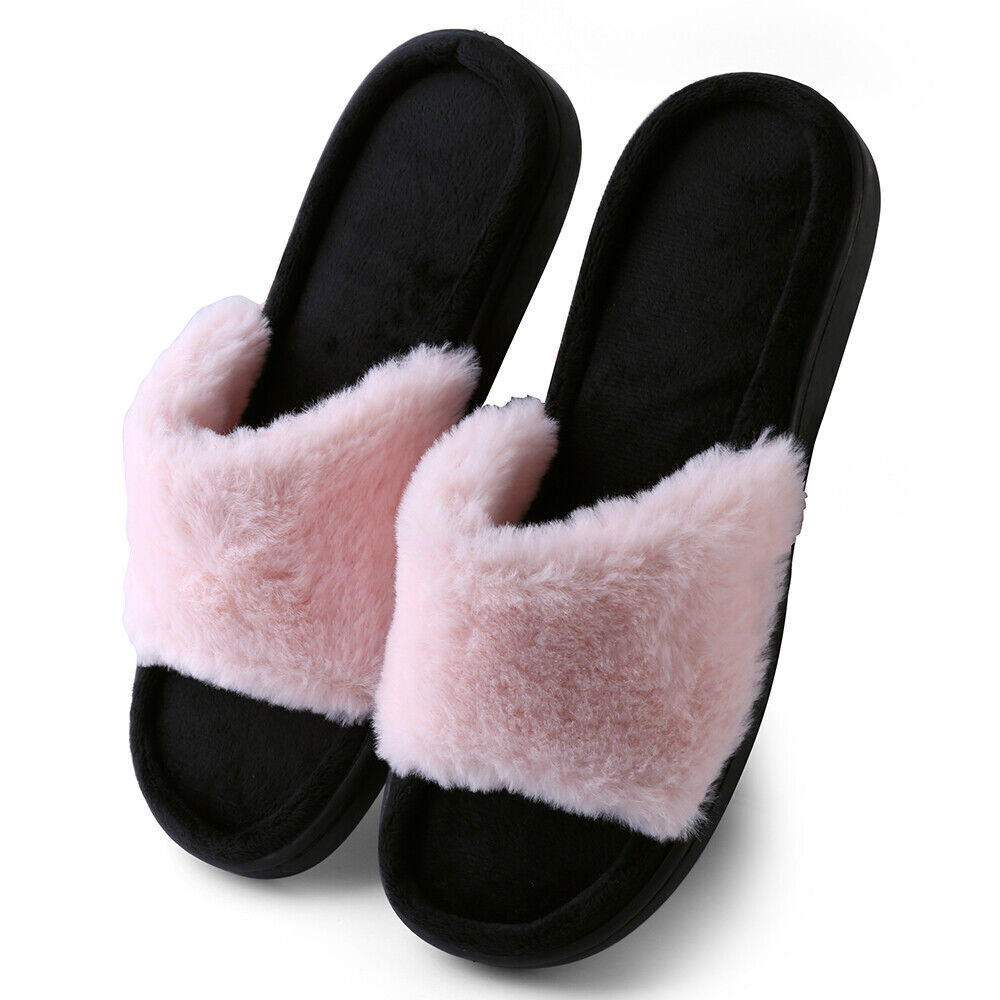 Aerusi Women Fuzzy Comfy Slide Open Toe Memroy Foam Slippers House Bedroom Shoes
