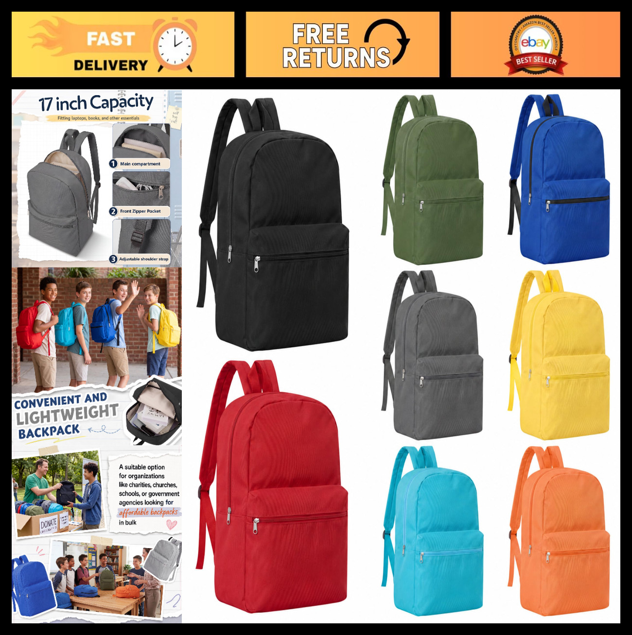 8 Pack 17″ Kids School Backpacks – Assorted Colors, Bulk Bookbags for Students