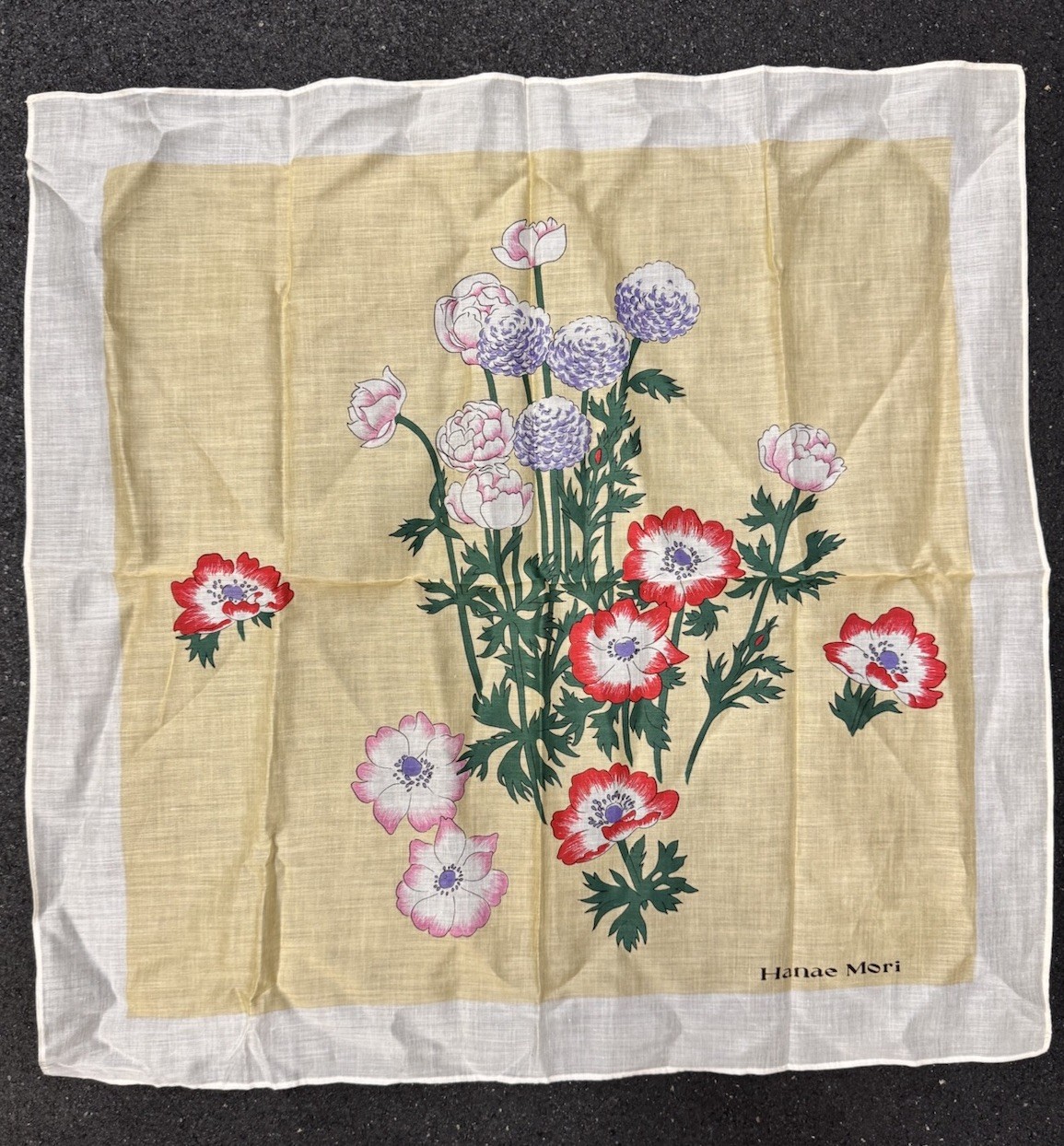 Hanae Mori Cotton Floral Flower Handkerchief Beige White Red Green Pink 19×19 in