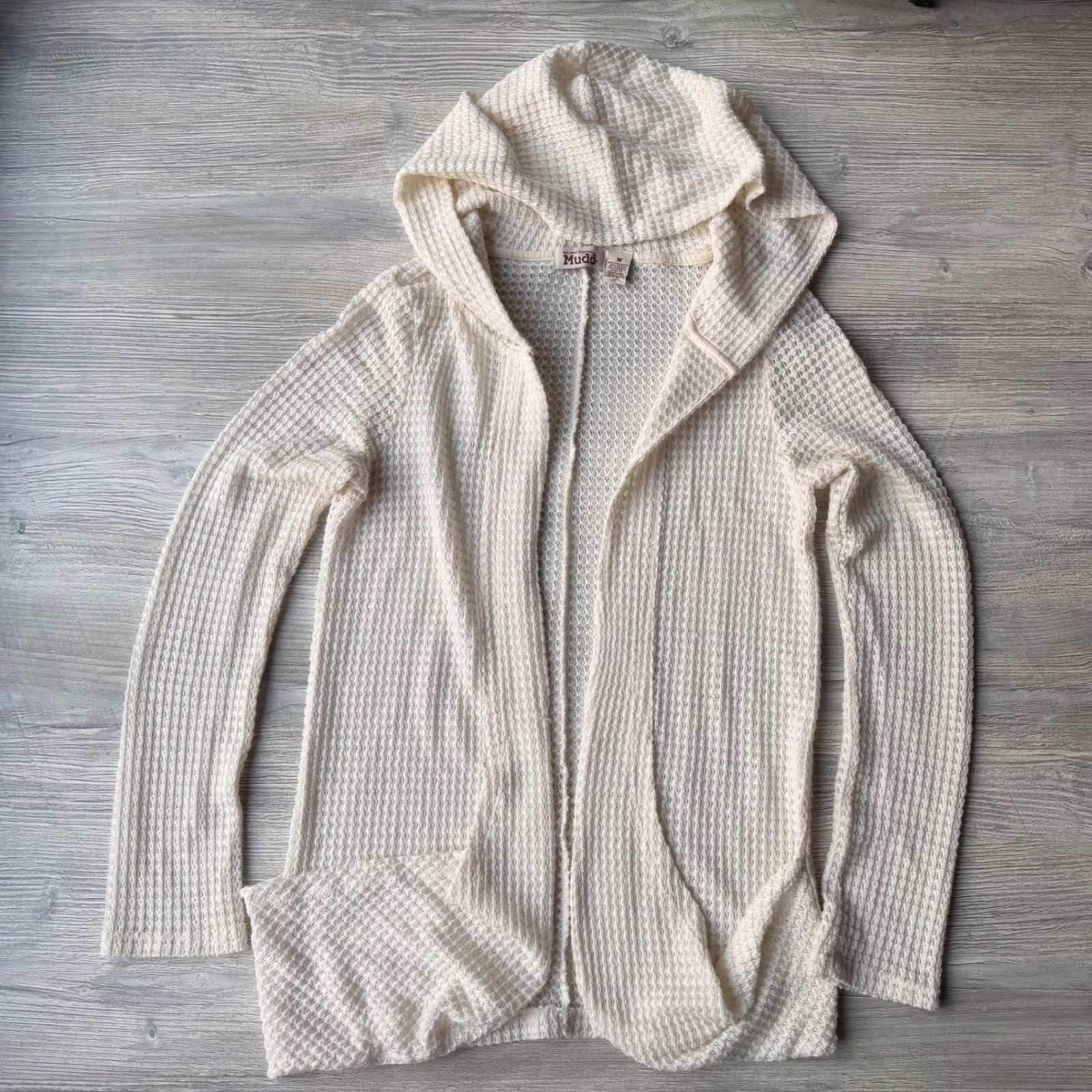 Mudd Waffle Knit Hooded Cardigan Cream Open Front Sweater Granola Girl Boho M