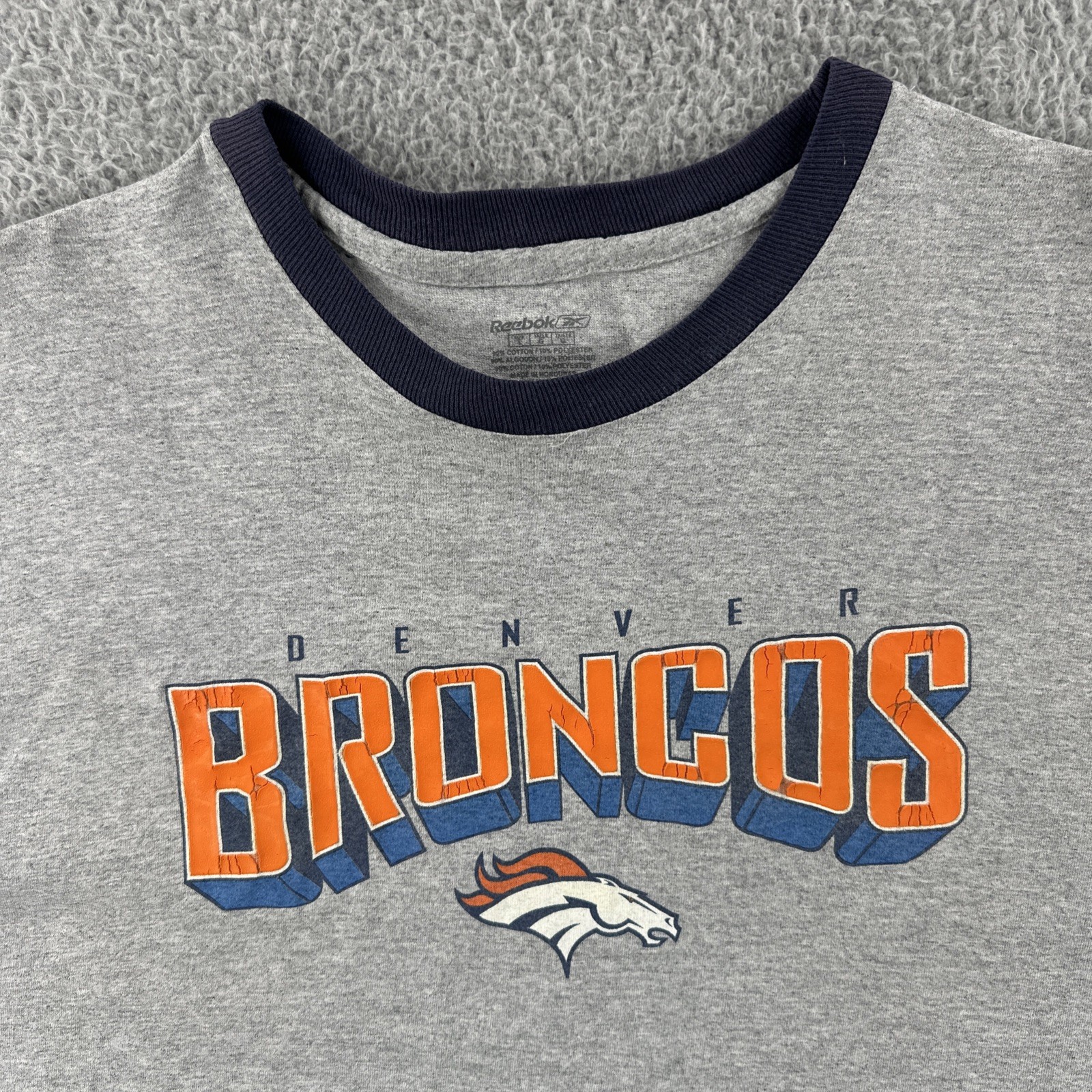 Reebok Adult Size Large Gray Ringer T Shirt NFL Denver Broncos Football Y2K Tee