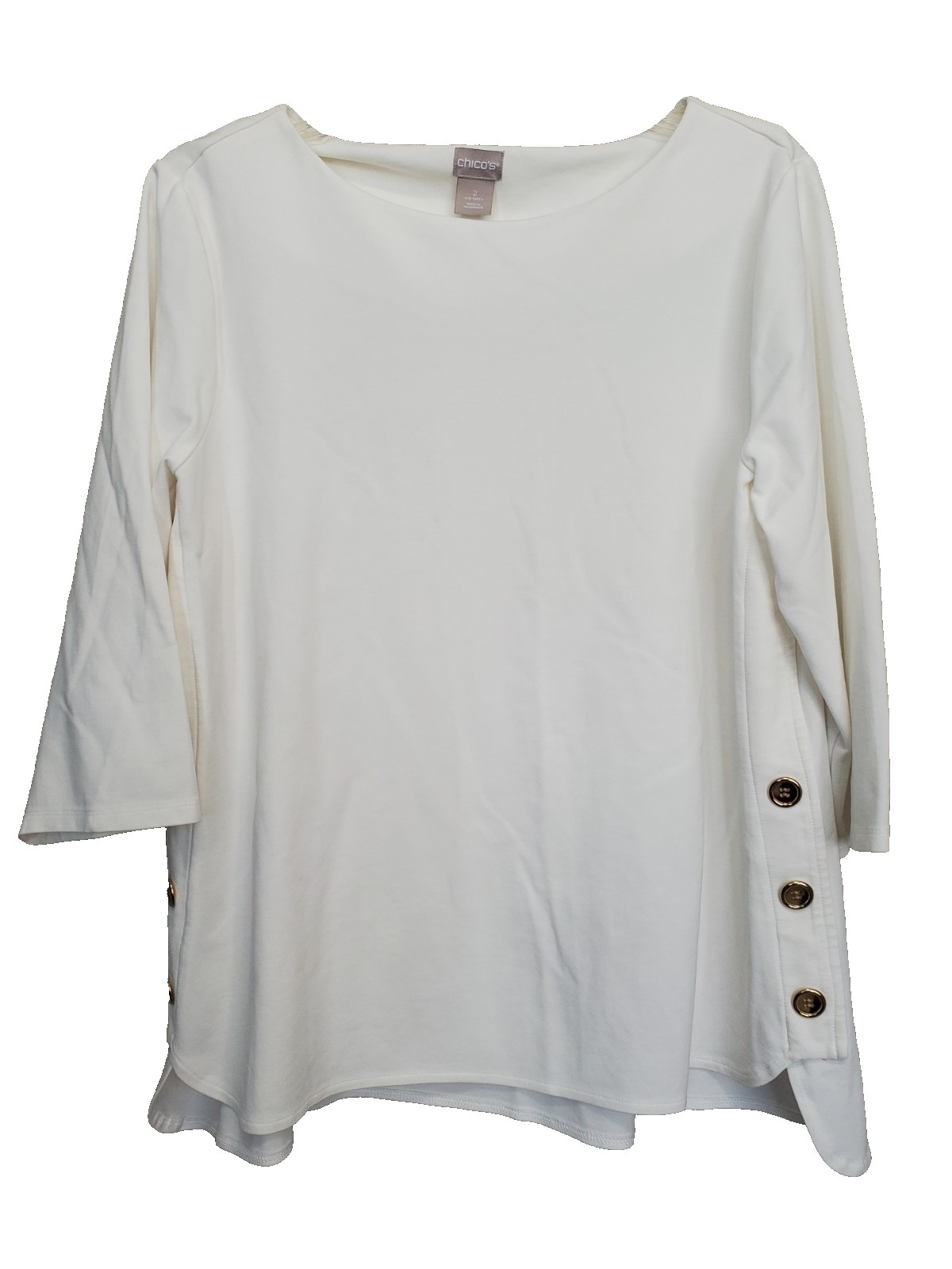 Chico’s Ecro Ponte Knit Gold Button Accent Boat Neck Tunic Size 2 Large