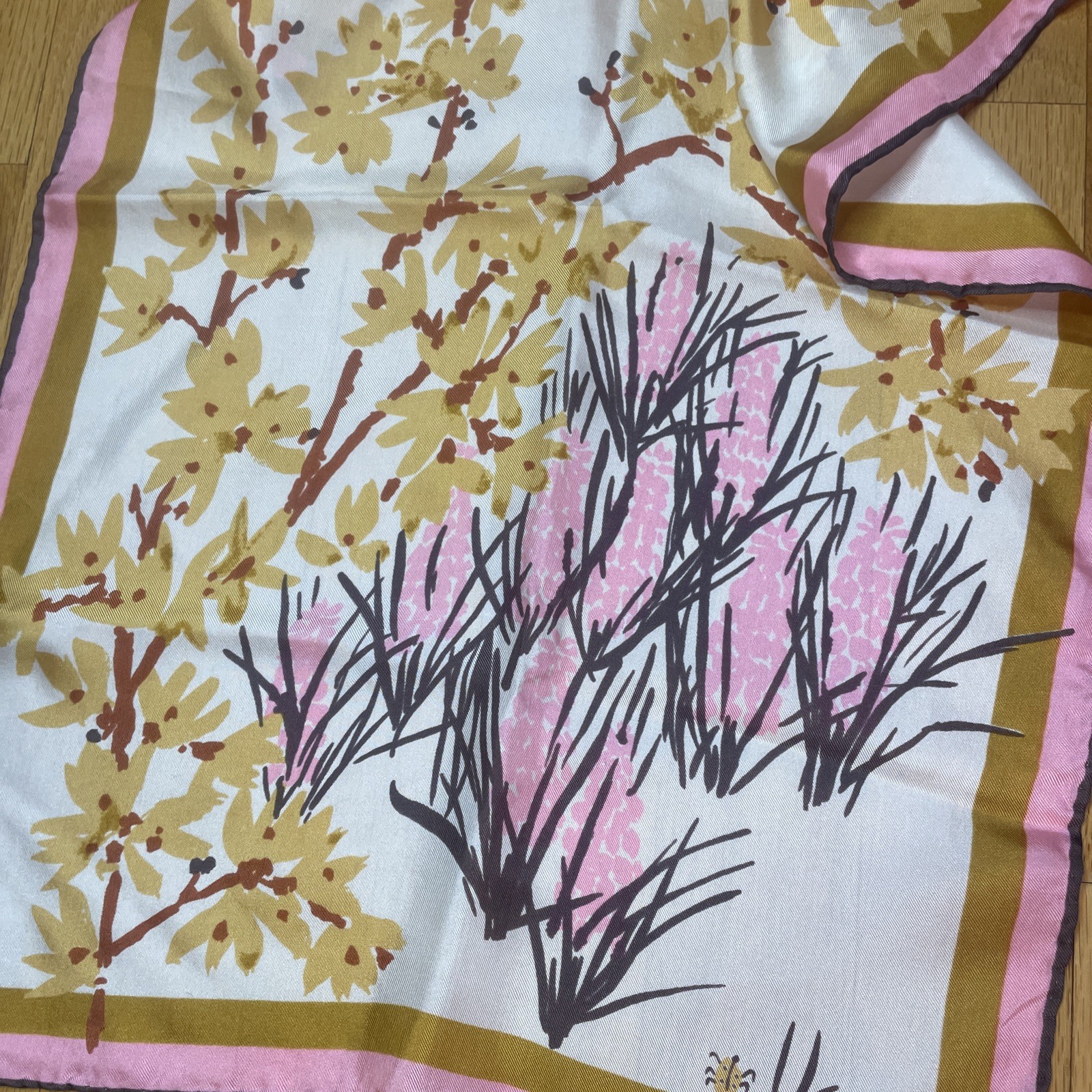 VERA All Silk Japan Hand Crafted PINK Tan NECKERCHIEF SILK SCARF
