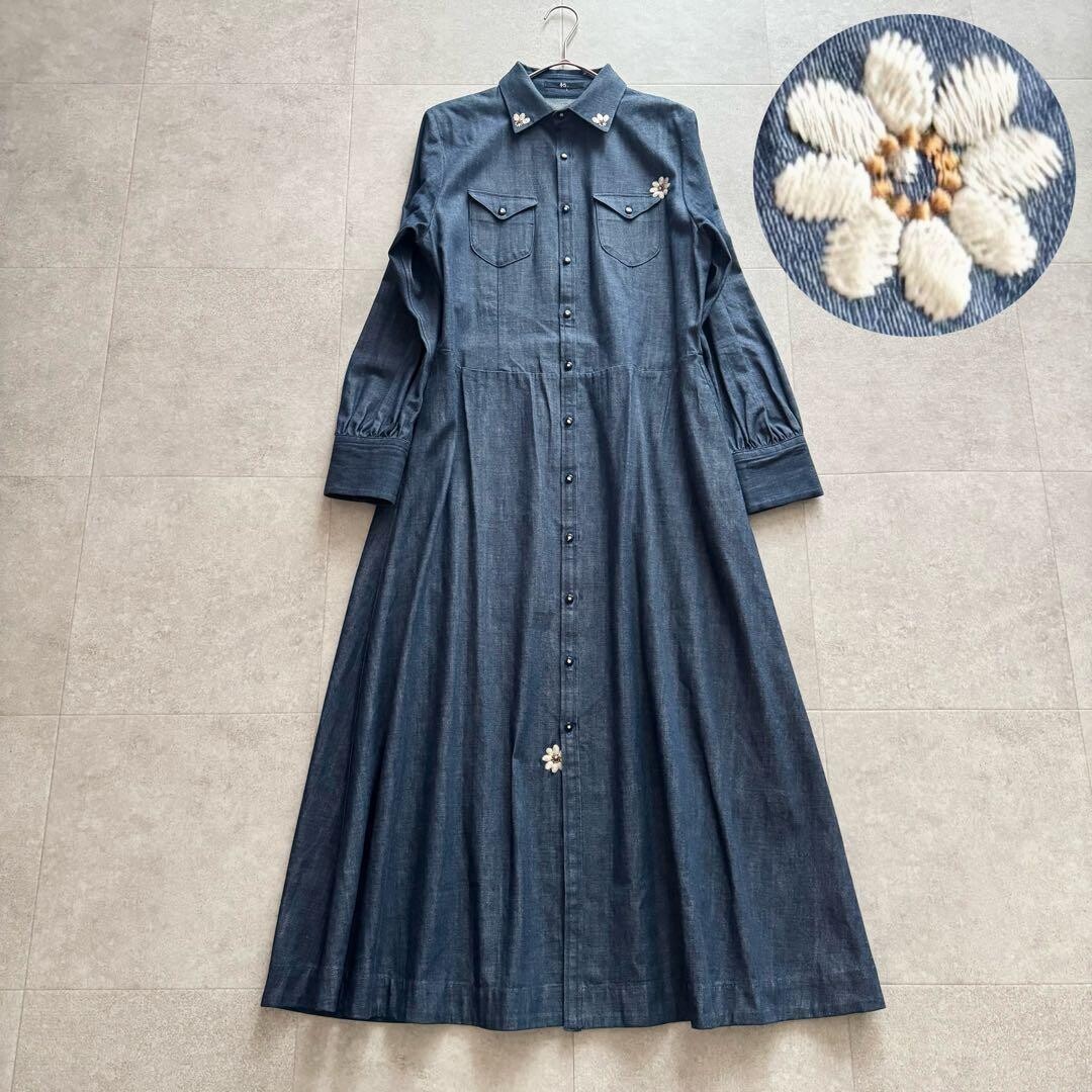 45rpm Indigo Denim Floral Embroidered Shirt Dress Long Sleeve Japan Auth