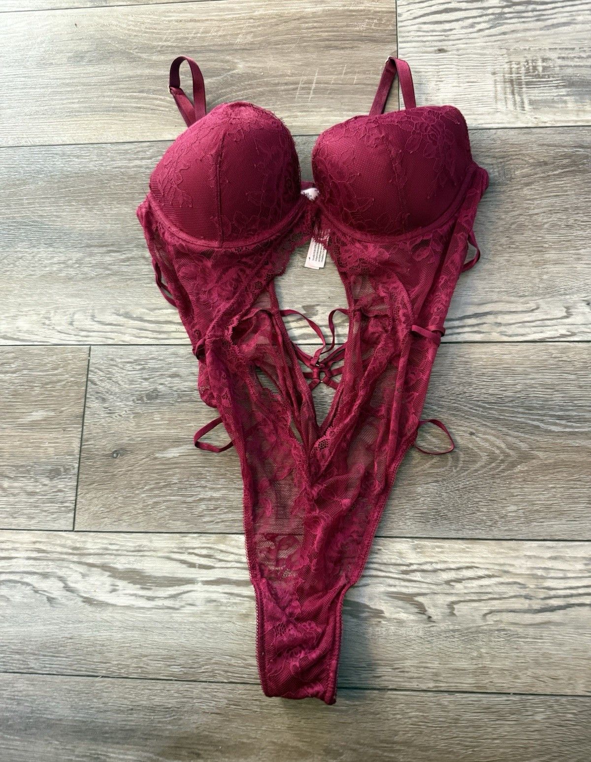 Victoria’s Secret Burgundy Lace Underwired Bodysuit A Cup L Adjustable Straps