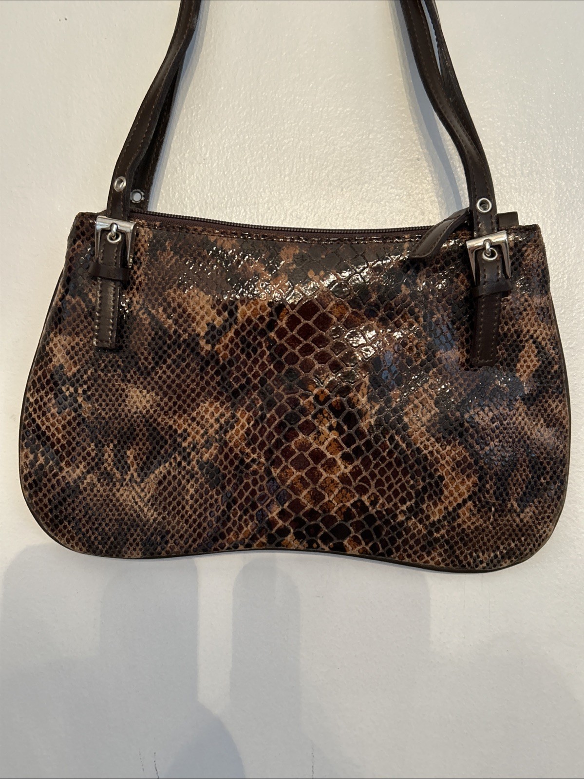 Vera Pelle Italy Brown Snakeskin Purse Leather DoubleHandle Shoulder Bag 10.25”W