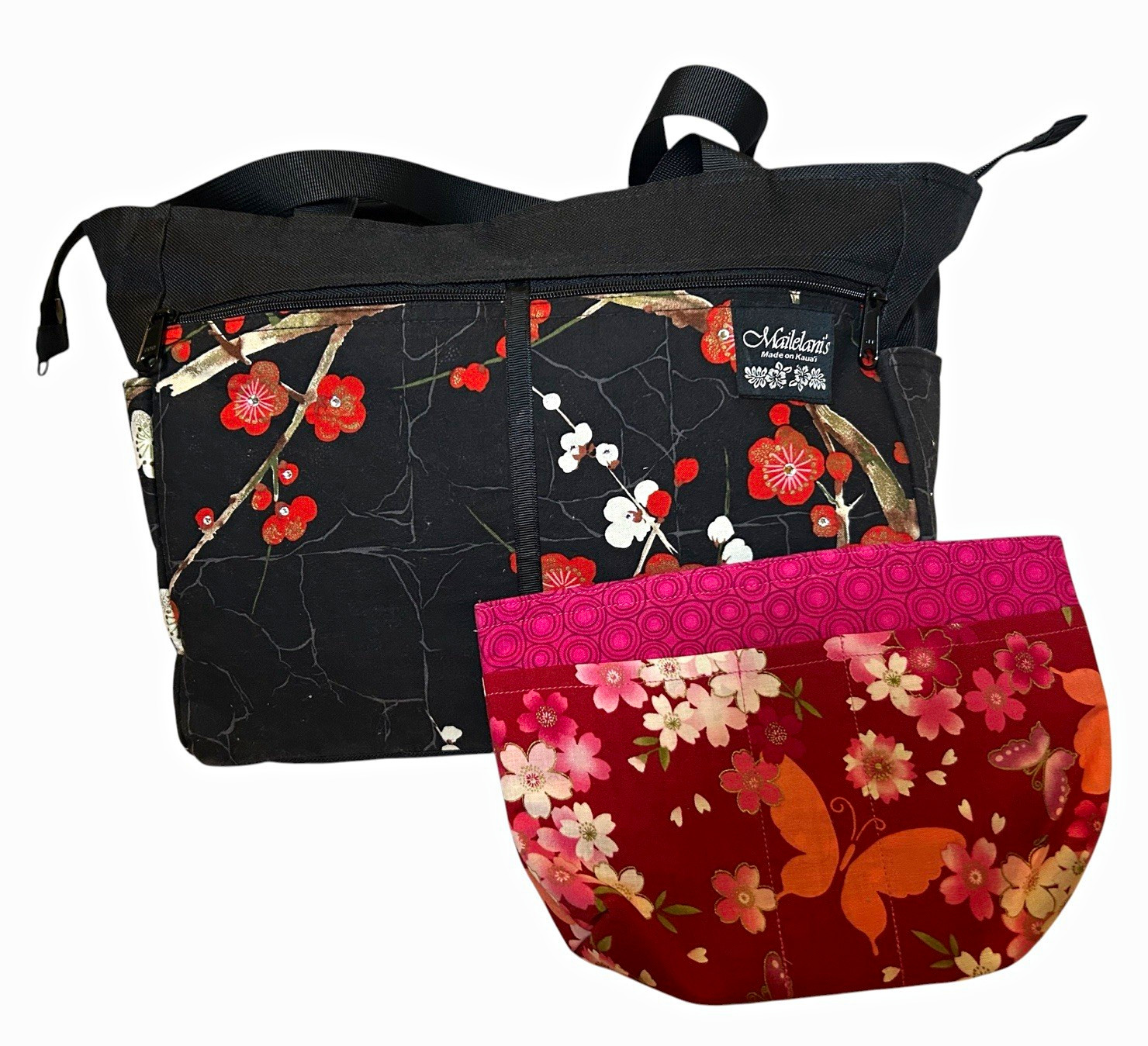Mailelani’s Black Plum Blossom Tote Bag Zip Closure w/ Red Cherry Blossom Pouch