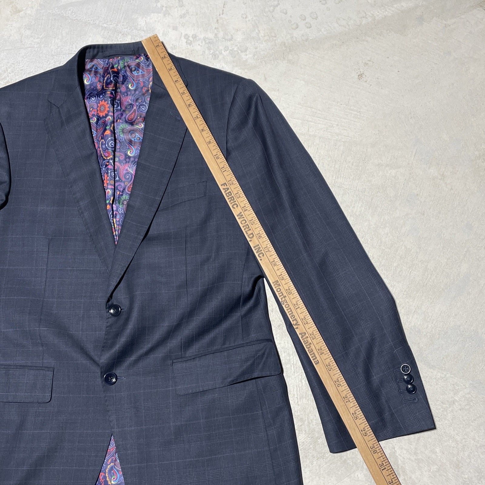Savile Row Bespoke Grey Purple Plaid Wool Trevira Two-Piece Suit SZ L 36×29
