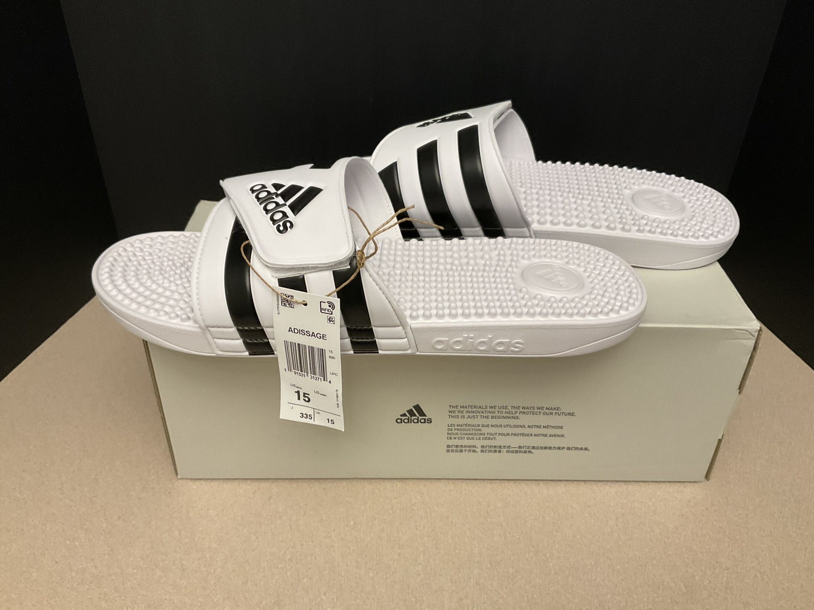 New! Mens Adidas Adissage White/Black Slide Sandals. Size 15. Nice Sandals!!!