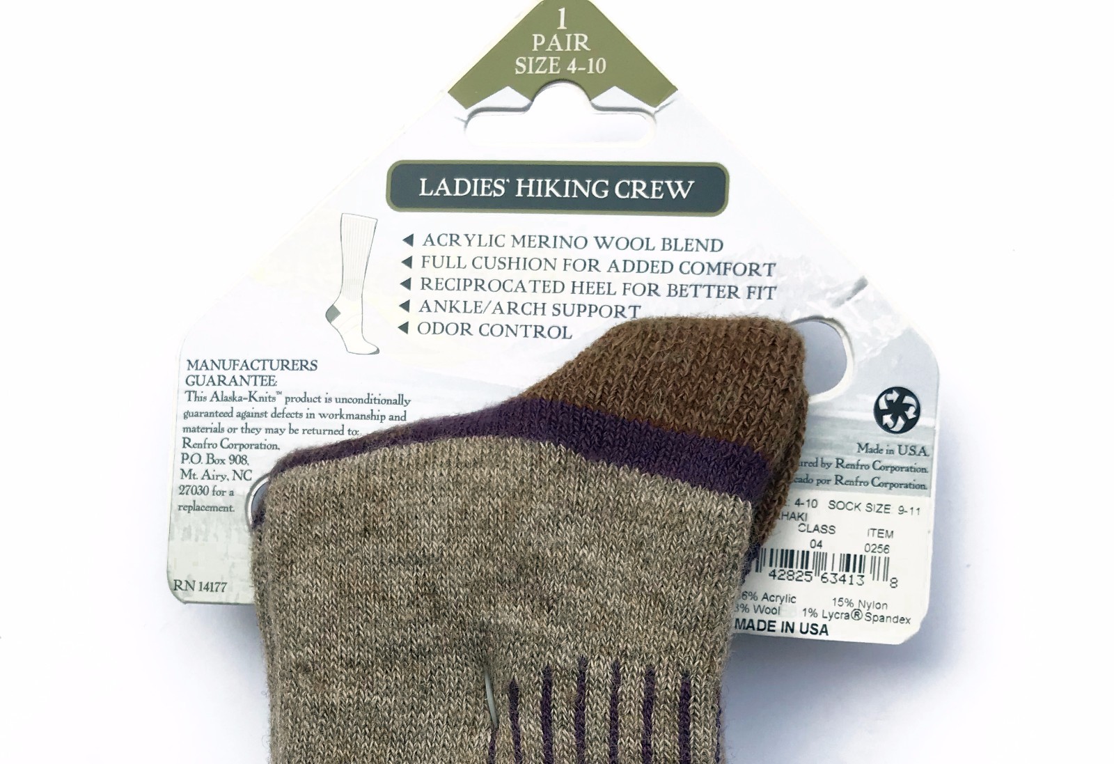 ALASKA KNITS™ MERINO WOOL LADIES’ HIKING CREW SOCKS KHKAI 9-11 MADE IN USA