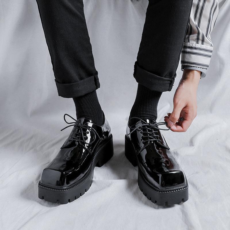 Men’s Shiny Leather Square Toe Platform Dress Business Wedding Shoes Thick Sole
