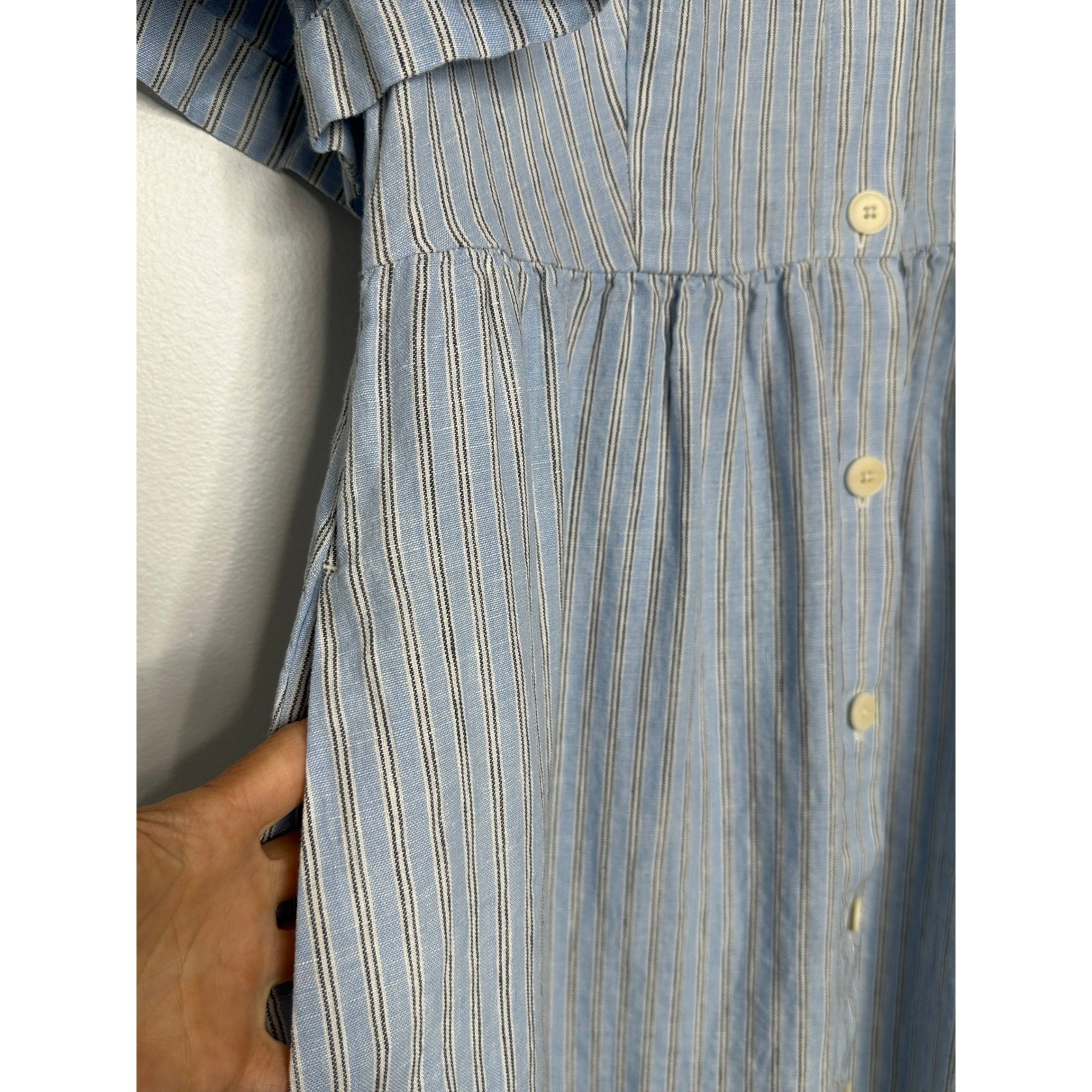 Madewell Cassie Striped Linen Button Front Midi Dress Size L Blue WhitePockets