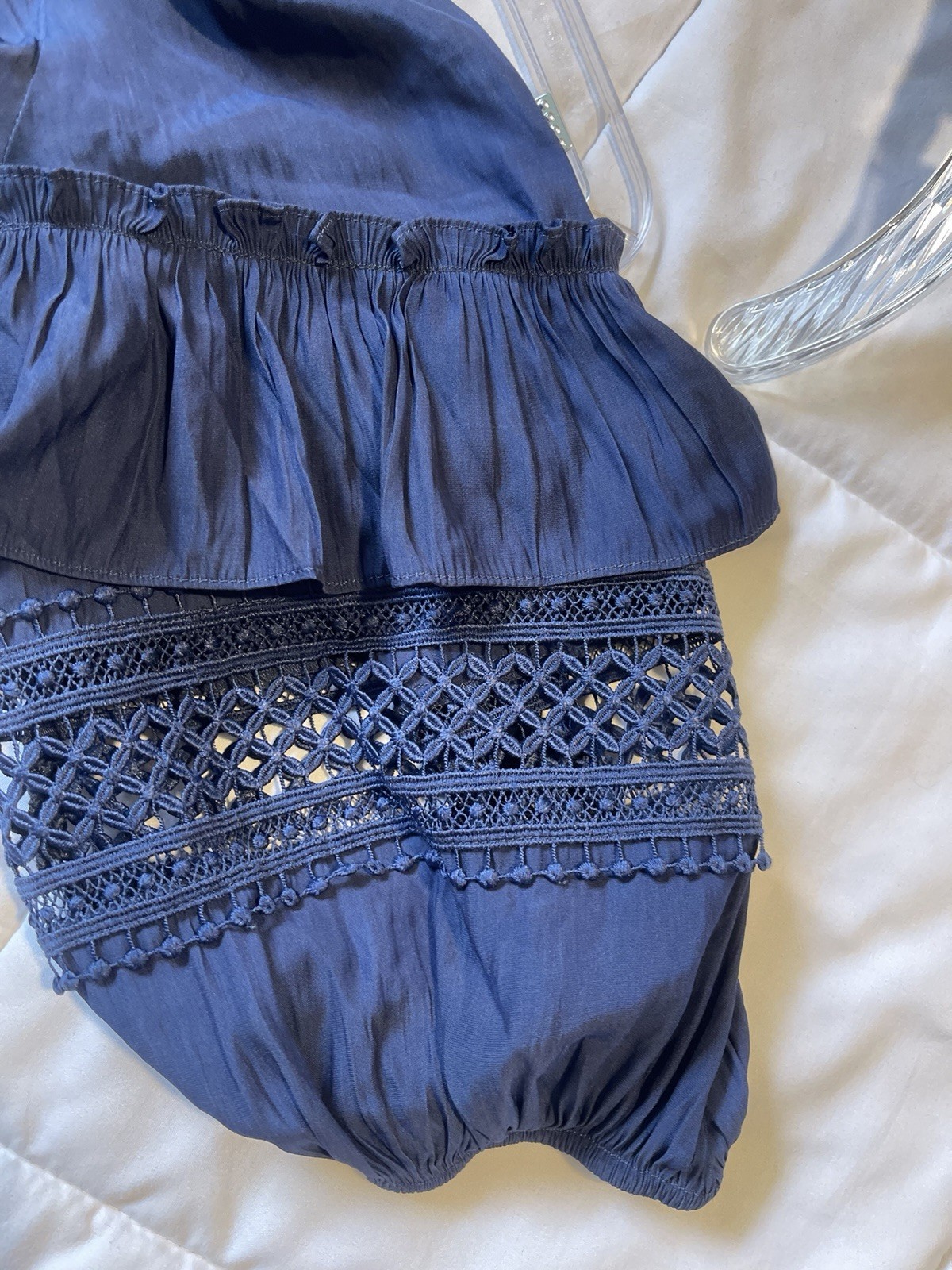Ramy Brook New York Blue Solid Mini Dress S V-Neck Smocked Balloon 3/4 Sleeve