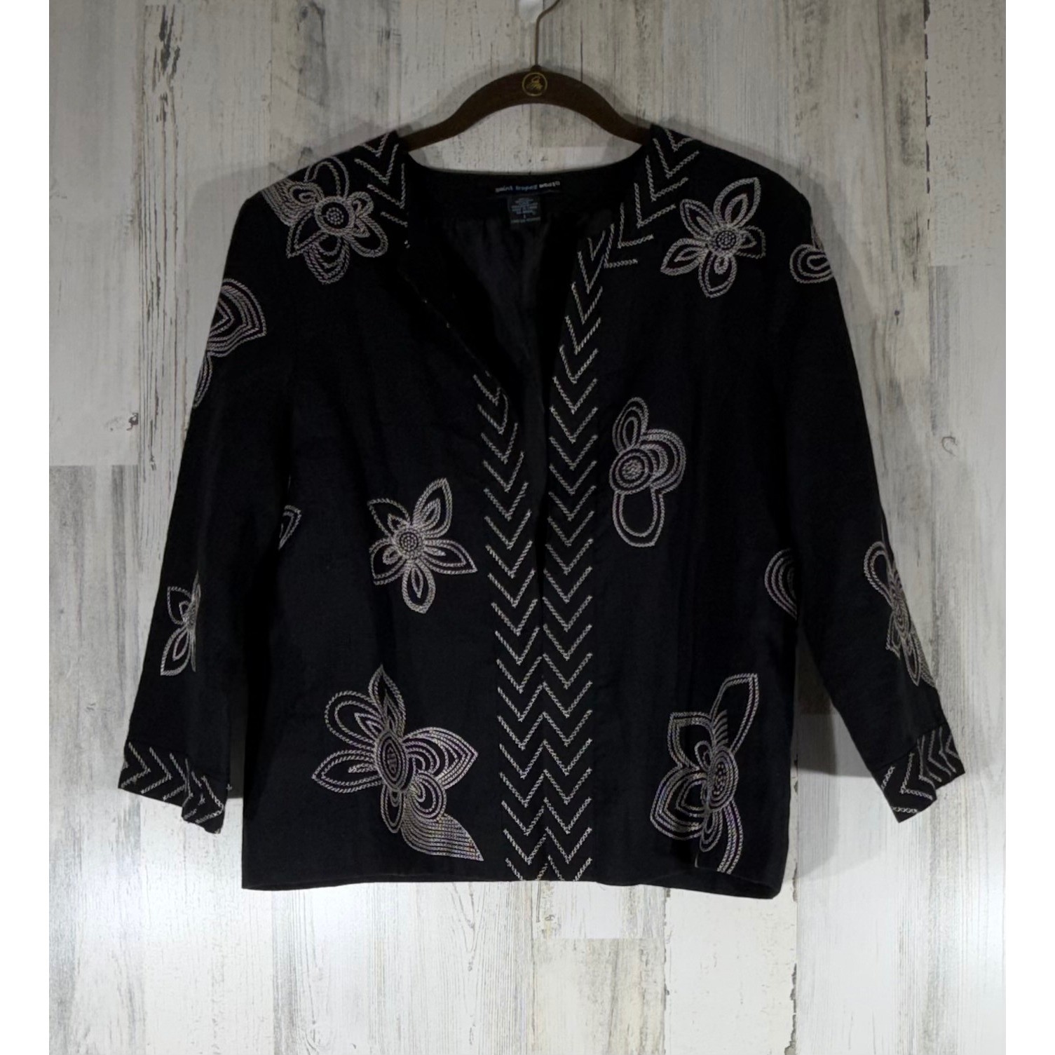 Saint Tropez West Linen Blazer Jacket Large Black Floral Embroidered Hook & Eye