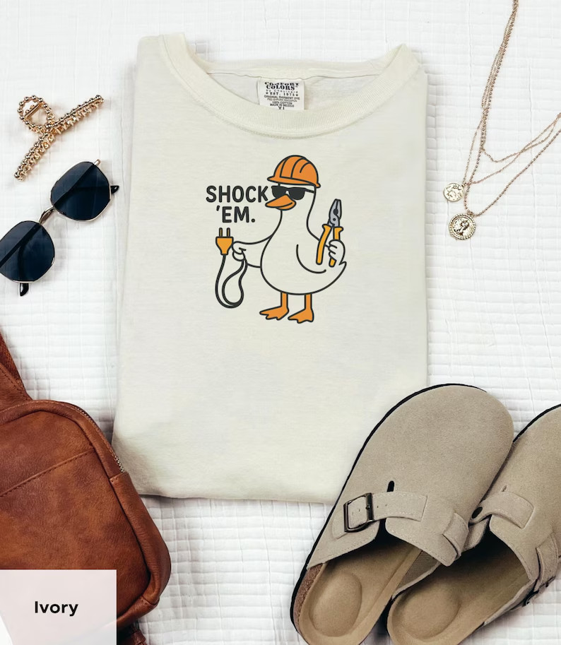 Funny Electrician T-Shirt Shock Em Duck Lineman Blue Collar Gift Top