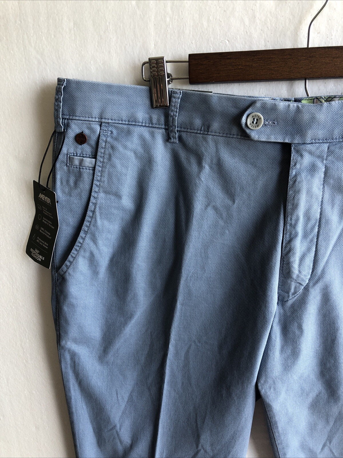 Meyer NWT Chinos / Casual Pants Size 54EU 38US Tokyo In Solid Blue Cotton Blend