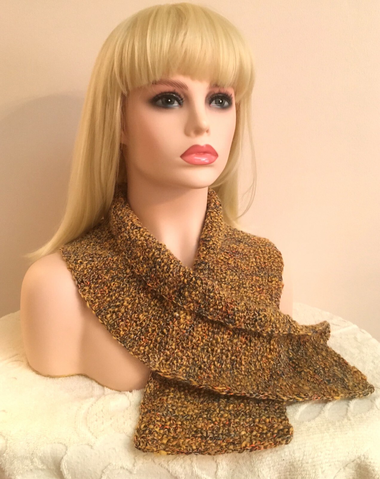 YELLOW BROWN SCARF NECK WARMER WINTER FALL NEW HAND KNITTED ENGLAND WOOL MOHAIR