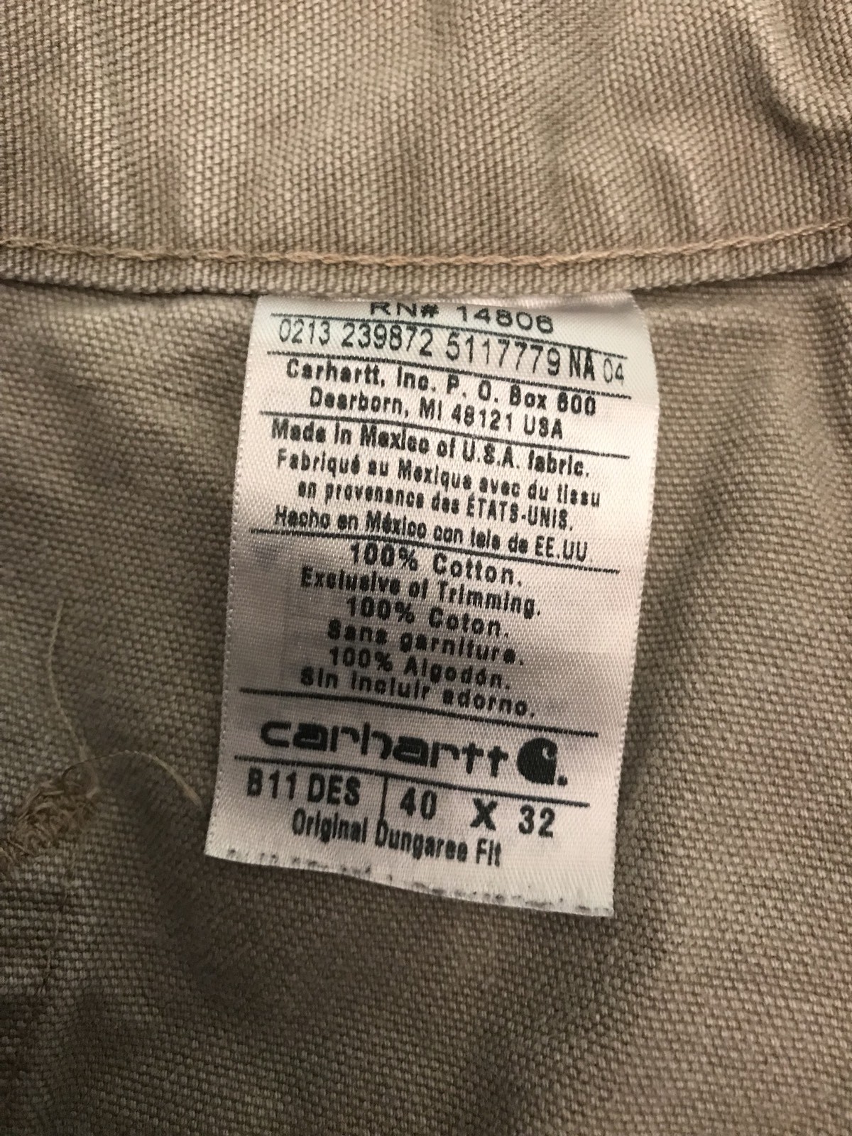 Carhartt B11 DES Desert Duck Cotton Dungaree Work Pants Farm Hammer Loop 38 X 31