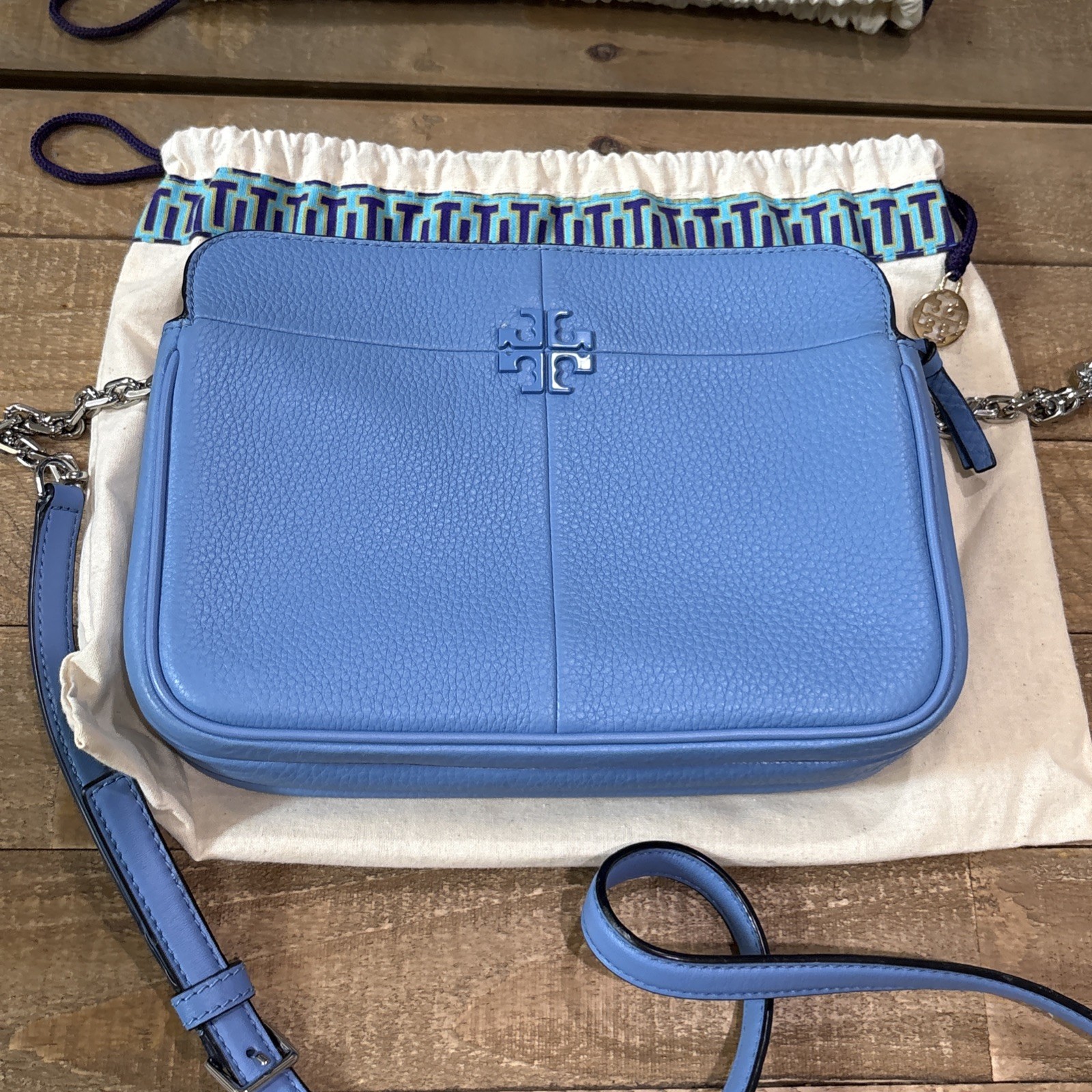 Tory Burch Light Blue Pebbled Leather Crossbody Tassel Logo