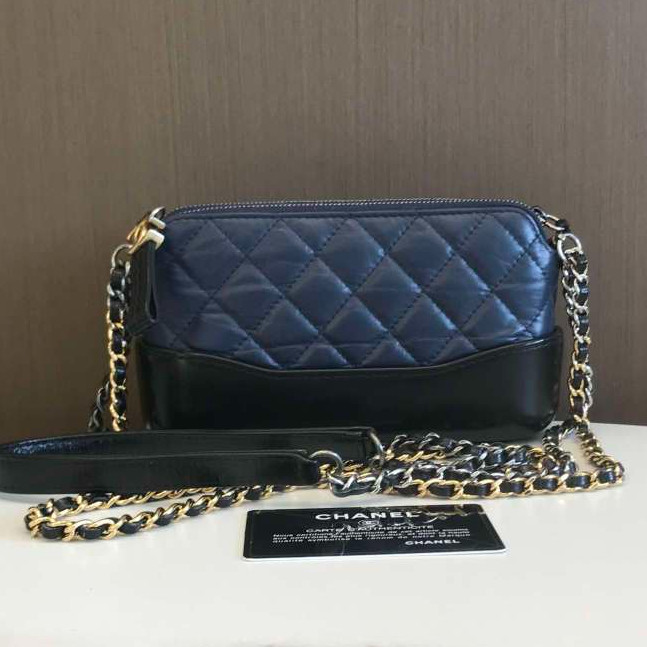 Chanel Blue Black Quilted Leather Mini Silver Gold Chain Diamond Crossbody