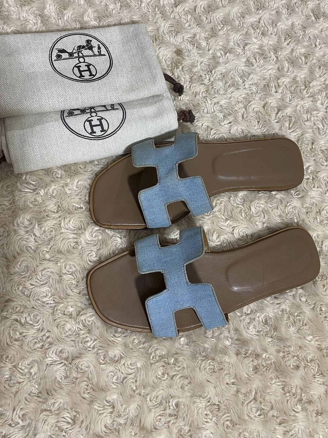 HERMES Oran Flats Light Blue Denim Leather Sole Summer Casual Slides EU 40-US 9