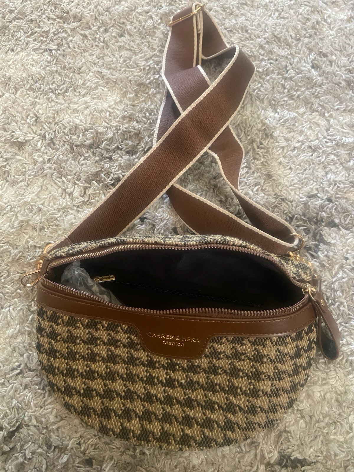 CAHRES & HEKA Plaid Crescent Crossbody Bag Brown Zip Gold Hardware Strap