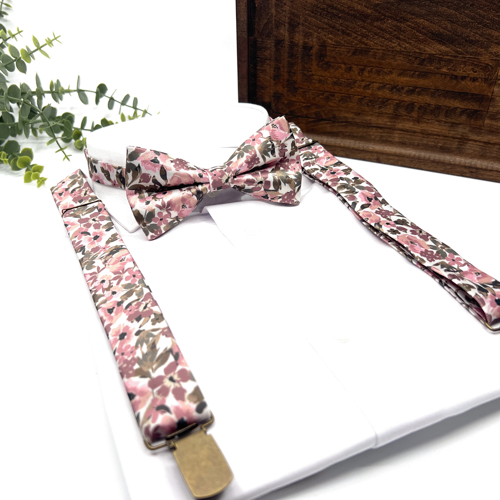 Blush Pink Floral Suspenders and Bow Tie Set With Olive Green